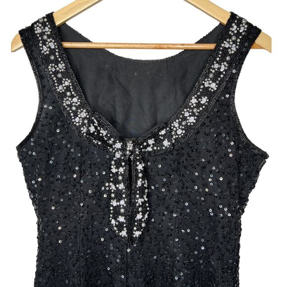VINTAGE 1970s Stenay 8 Beaded Pearls Sequins Sleeveless Dress 100% Silk Black - Picture 7 of 8